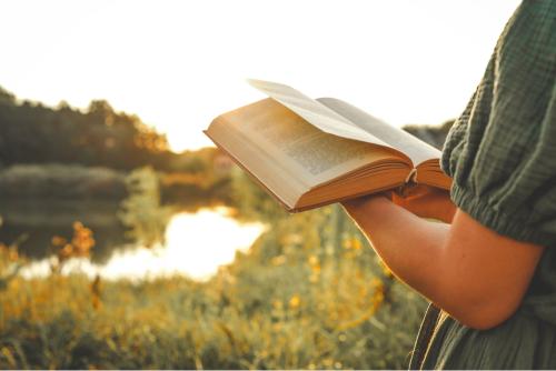 Person reading a book outdoors